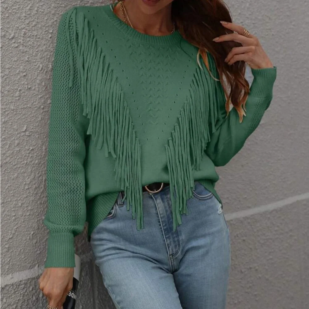 Cozy fringe detail sweater top - Picture 7 of 16